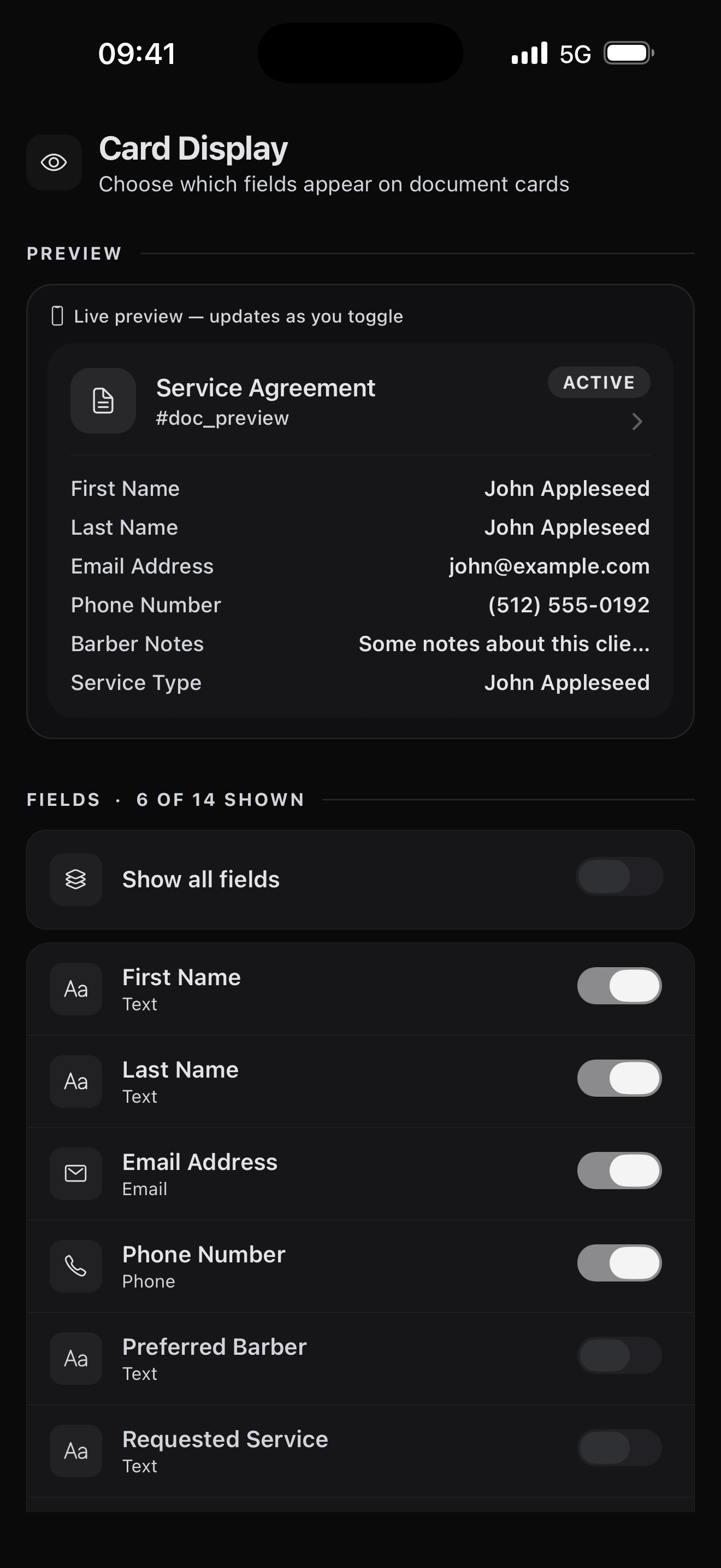 Card display customization screen