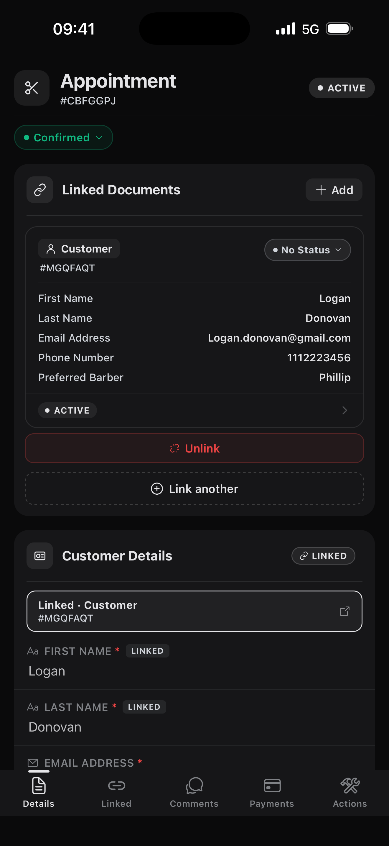 Linked documents screen