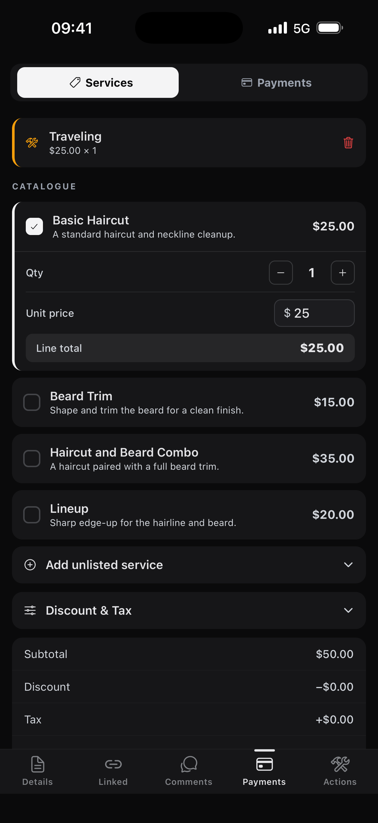 Payments screen
