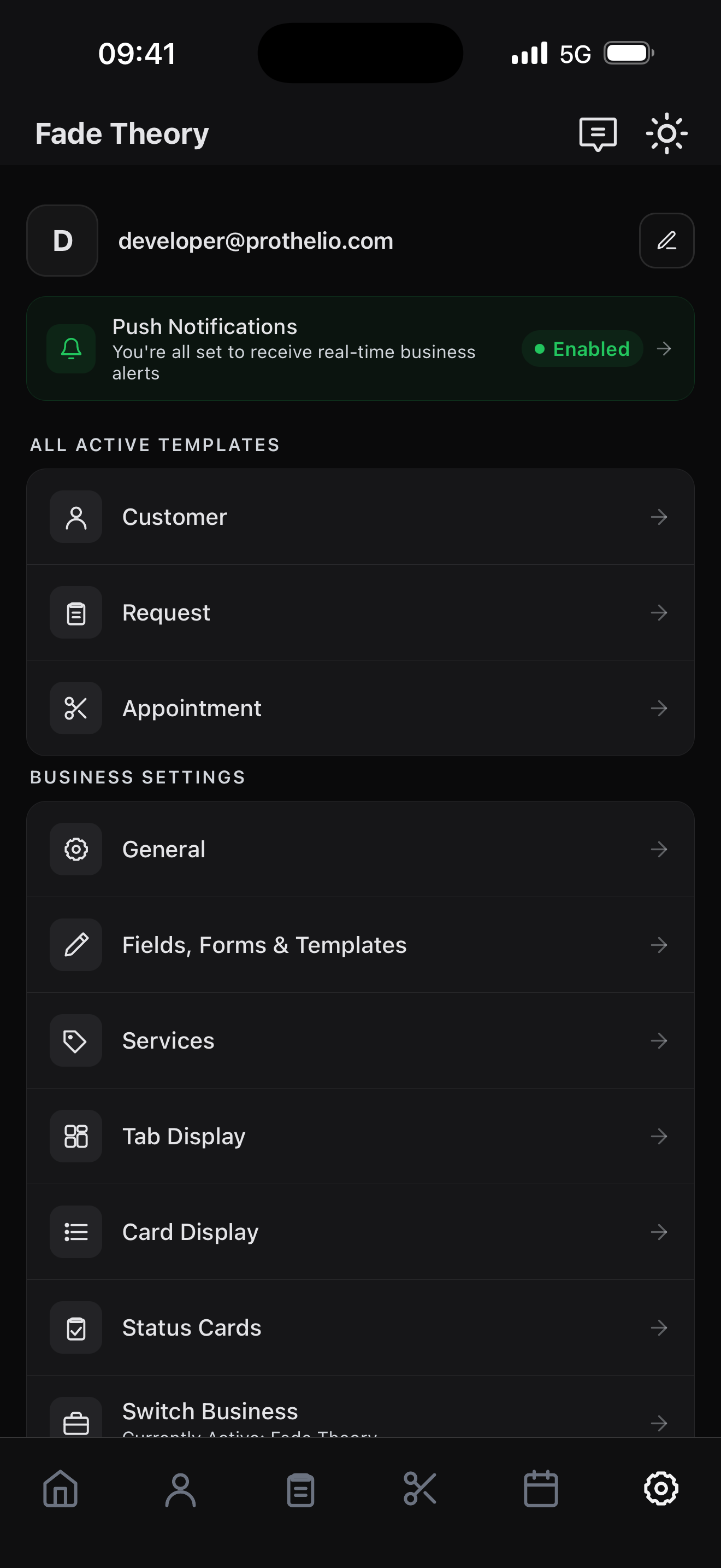 Business settings screen