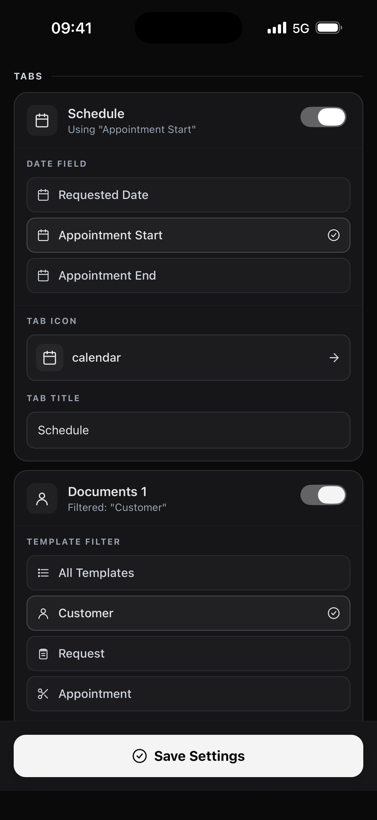 Tab bar customization screen