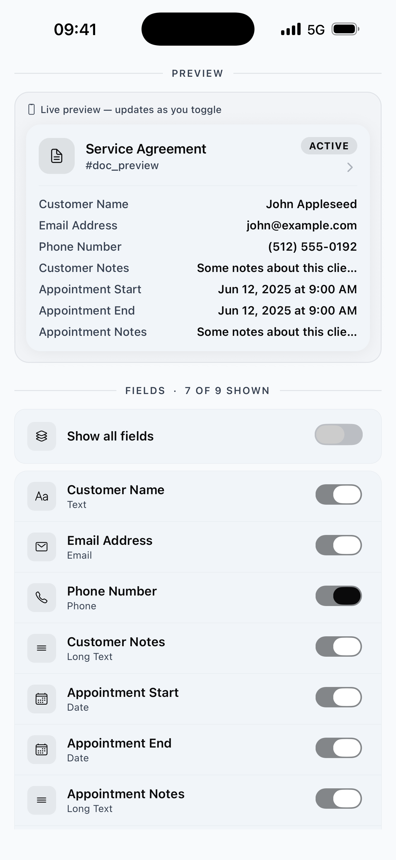 Card display customization screen