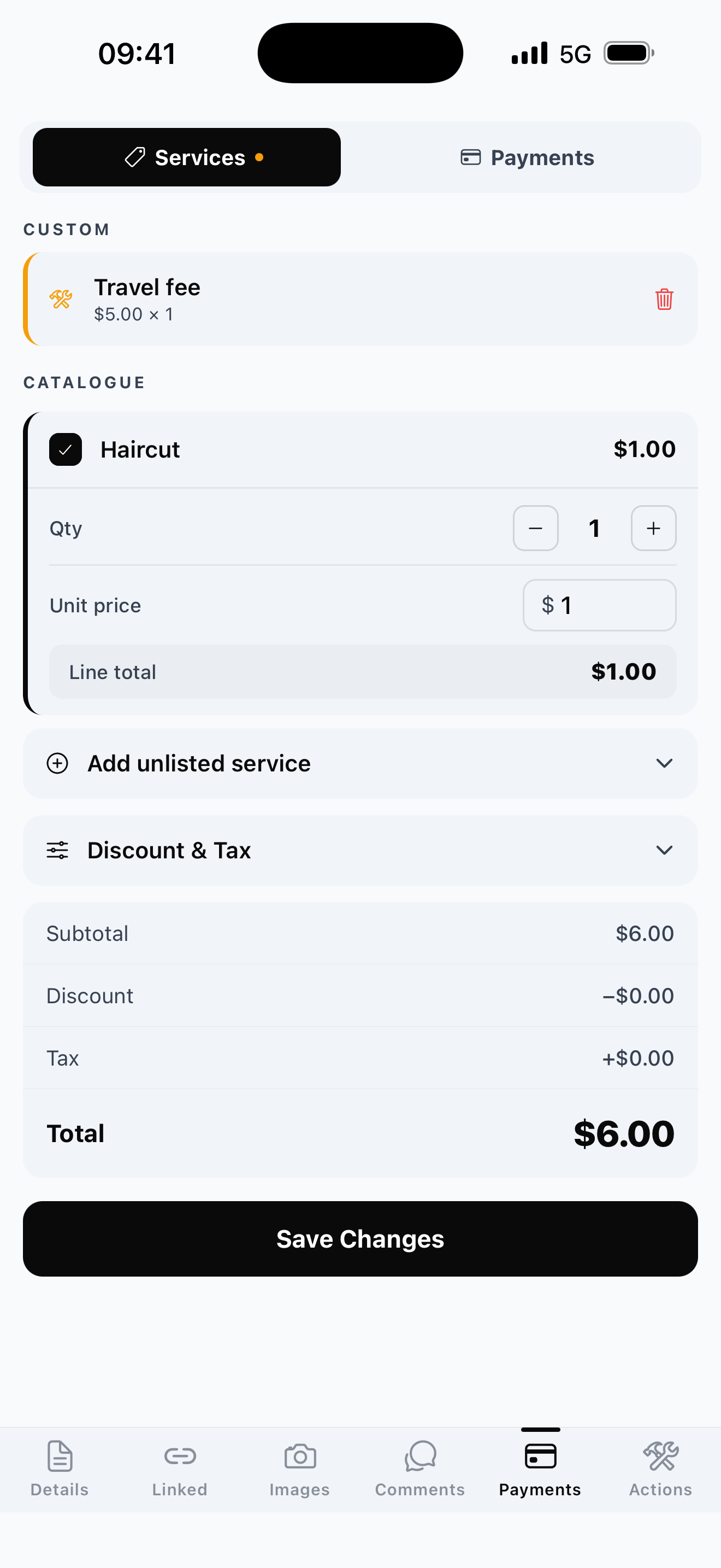 Payments screen