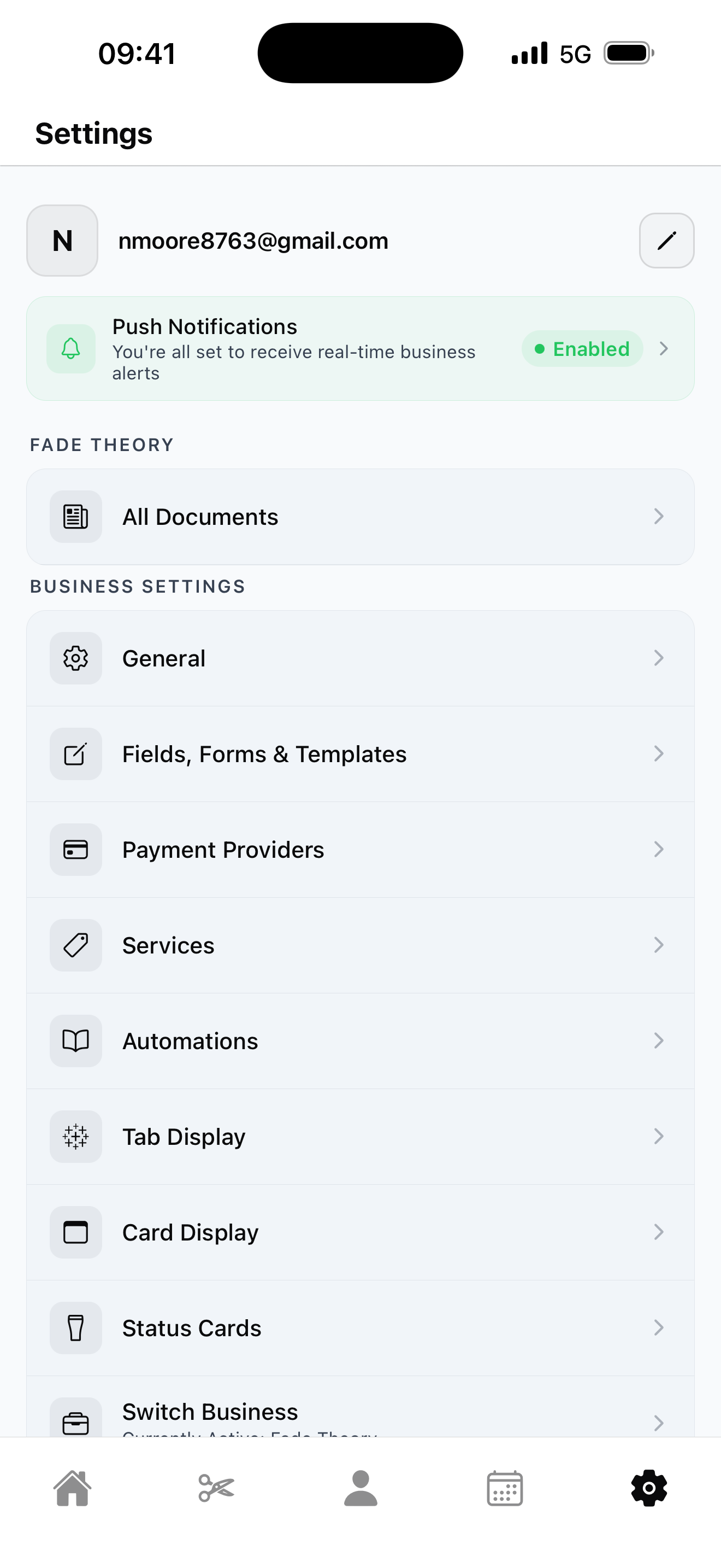 Business settings screen
