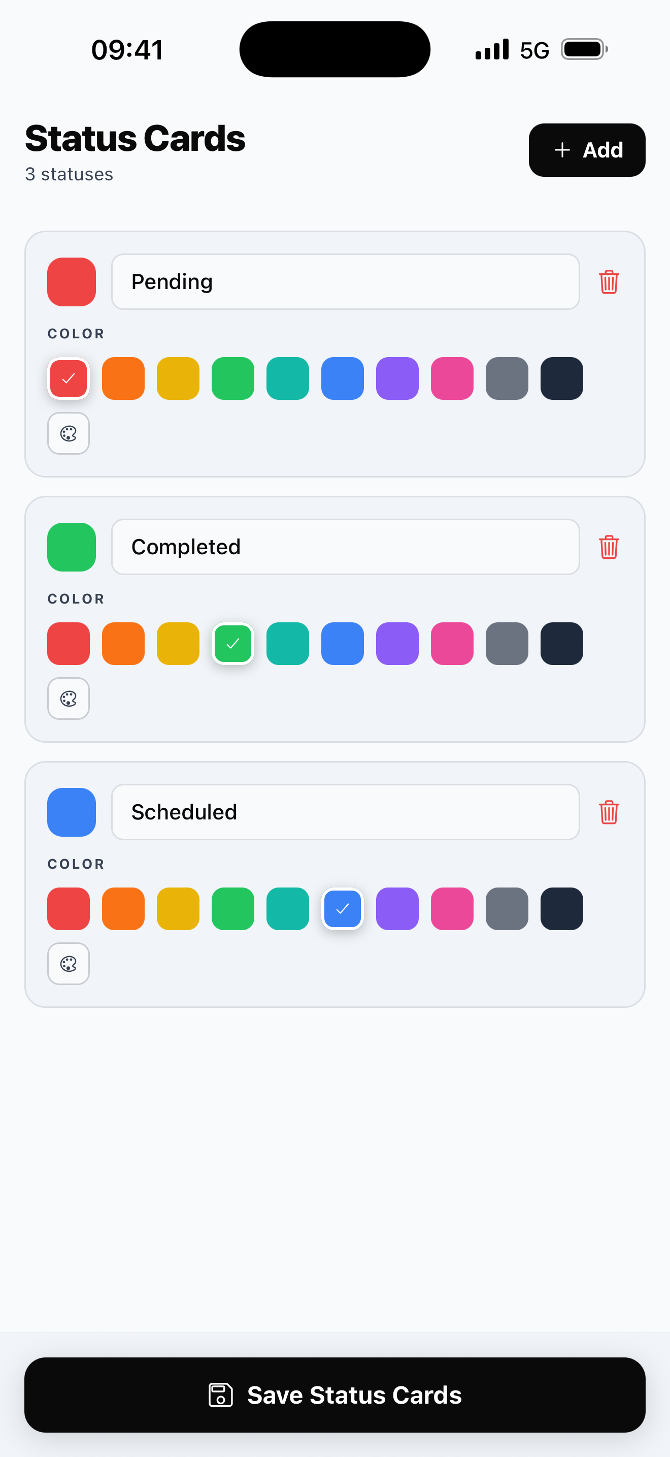 Custom document statuses screen