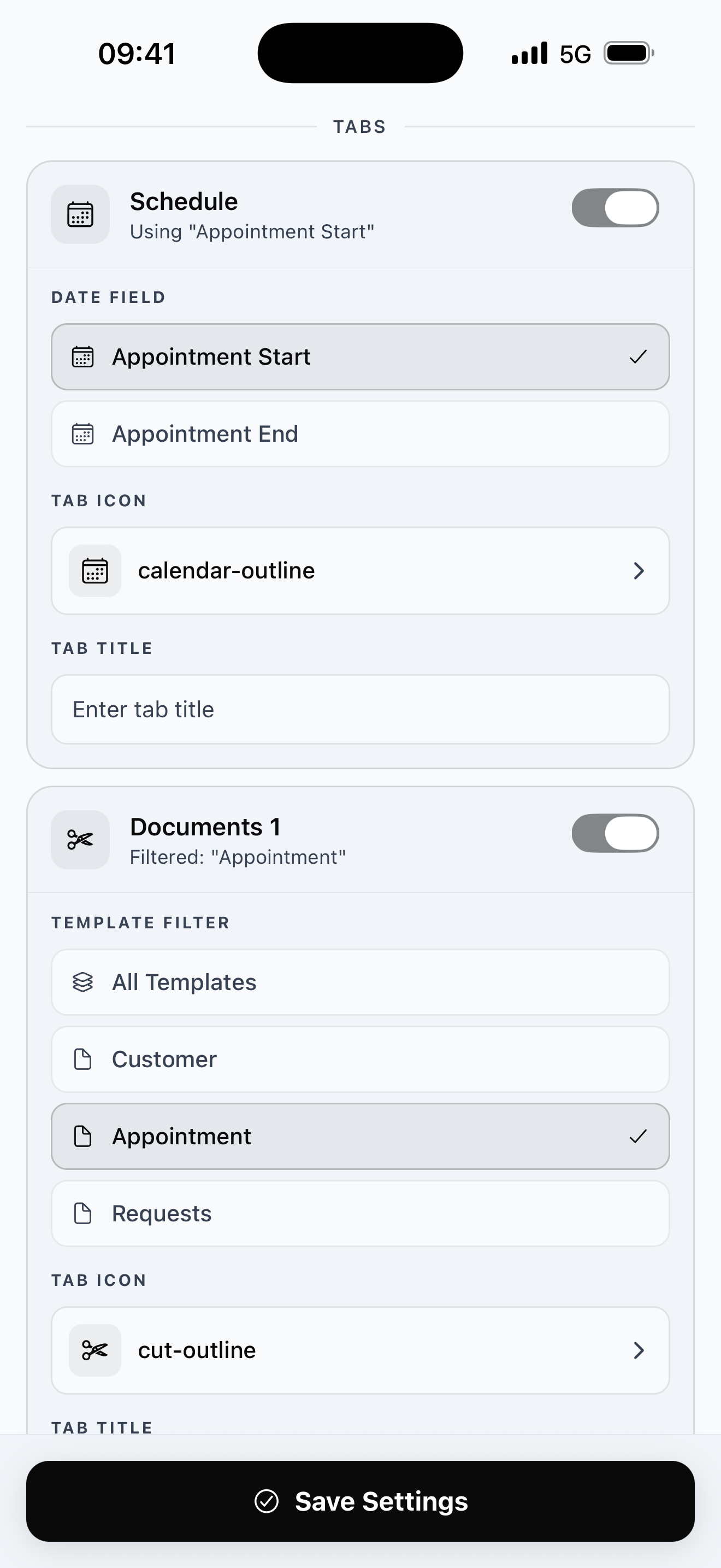 Tab bar customization screen